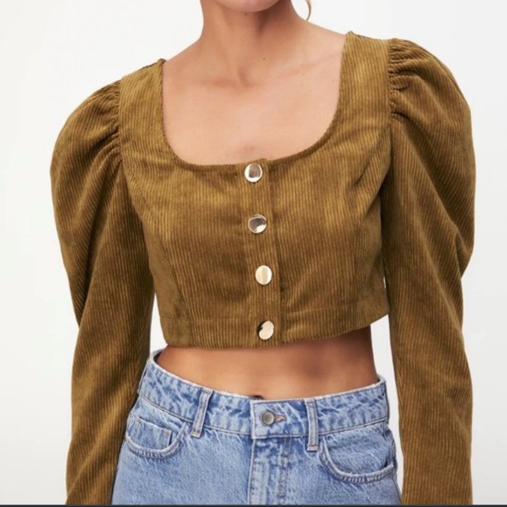 Zara Corduroy Crop Top Camel Brown Long Sleeves